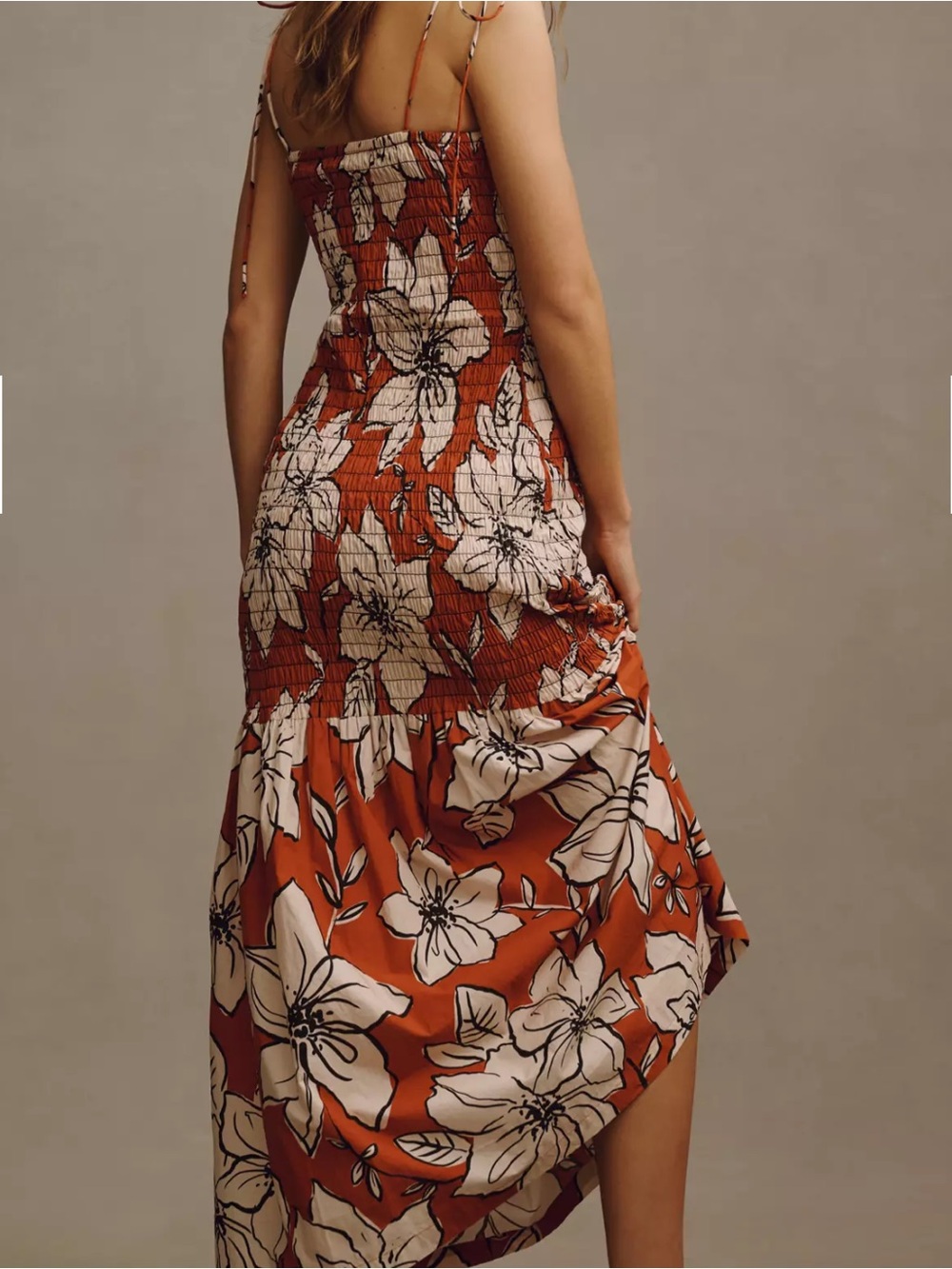 Anthropologie Rust Floral Tie-Shoulder Smocked Midi Dress
